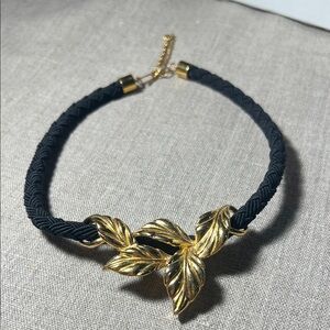 Gold Leaf Black Braided Necklace. WA541